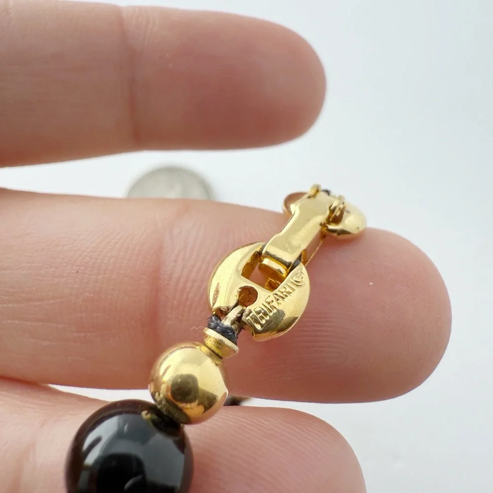 Vintage Trifari Signed Goldtone Black Glass Ball Beaded Bracelet